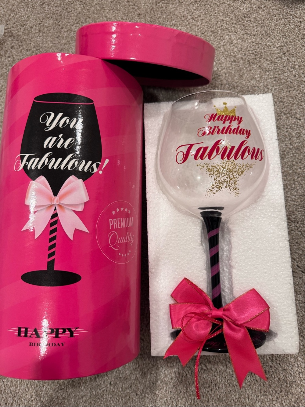 Happy Birthday Fabulous Pink Wine Glass with Ribbon
